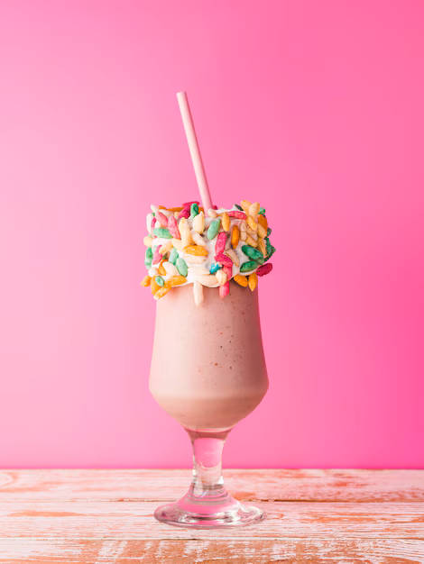 front view glass milkshake with pink background 23 2148296037